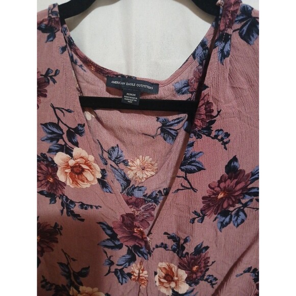 American Eagle Top Small Mauve Pink Floral Crossover Long Sleeve Blouse Womens M - Picture 2 of 8